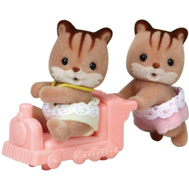 Walnut Squirrel Twins playset with ride-on toy, featuring movable heads and removable clothing for imaginative storytelling.