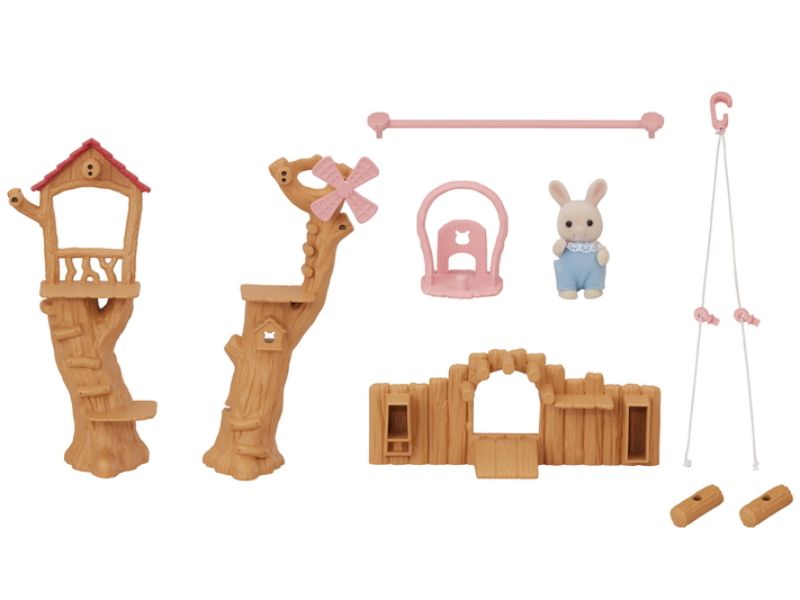 Colorful Baby Ropeway Park playset with a gondola and Milk Rabbit Baby, designed for imaginative and interactive play.