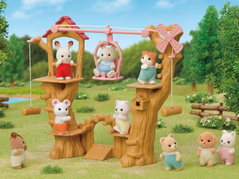 Baby Ropeway Park playset with Milk Rabbit Baby, moving gondola, and adventure playground for imaginative play.