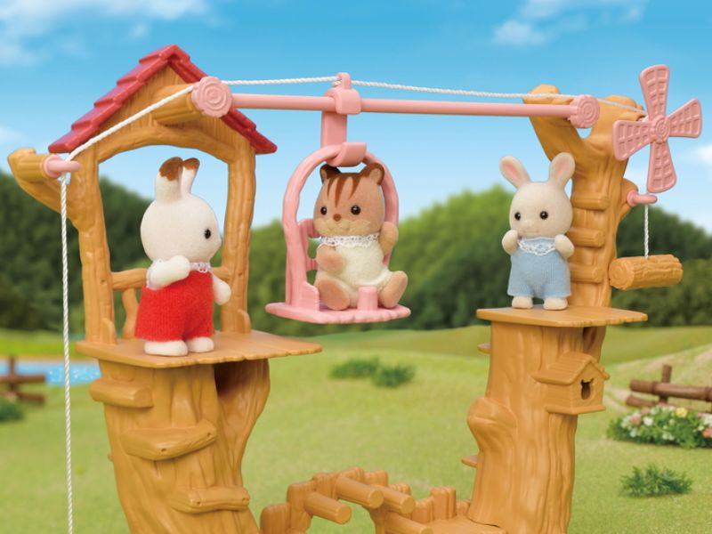 Alt text: "Baby Ropeway Park set with gondola for Sylvanian Families, includes Milk Rabbit Baby and playground pieces for imaginative play."