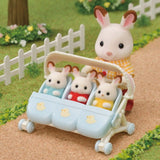 Triplets Stroller for Sylvanian Families, featuring detachable seat, adjustable canopy, and versatile design for baby triplets.