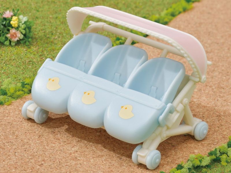 Triplets Stroller for Sylvanian Families, featuring a stylish design, detachable seat, and adjustable canopy for imaginative play.