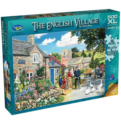 XL jigsaw puzzle featuring Trevor Mitchell's detailed artwork of a charming English police house scene, perfect for family fun.