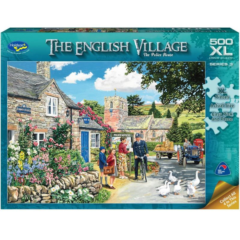 XL jigsaw puzzle depicting a quaint English police house, designed for ages 8+, featuring intricate vintage artwork by Trevor Mitchell.