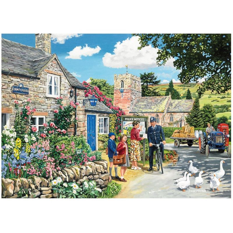 XL Jigsaw Puzzle featuring a quaint police house scene in rural Britain, designed by Trevor Mitchell, suitable for ages 8+.