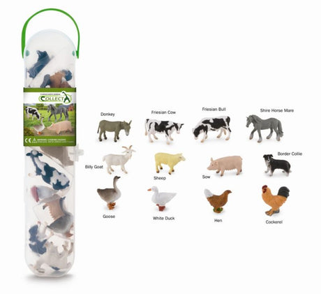 Miniature farm animals set by CollectA, featuring cows, pigs, sheep, and chickens, ideal for play and education.