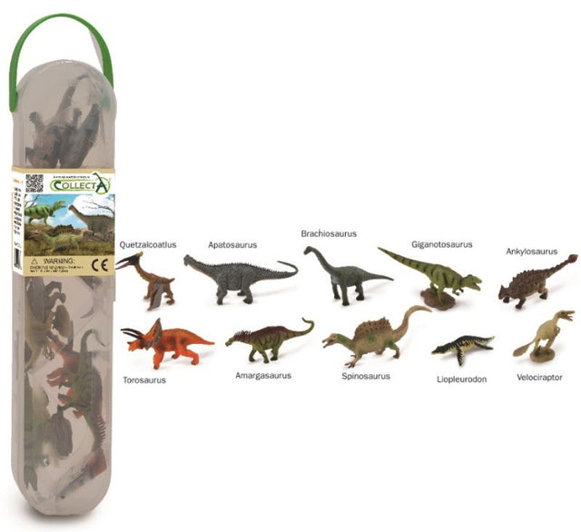 Box of Mini Dinosaurs 2 featuring 10 detailed mini dinos in a compact collector case for imaginative play and education.