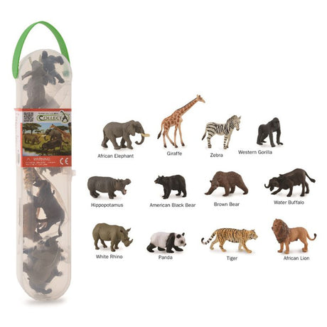 Box of Mini Wild Animals featuring detailed figurines for imaginative play and educational fun, ideal for kids and collectors.