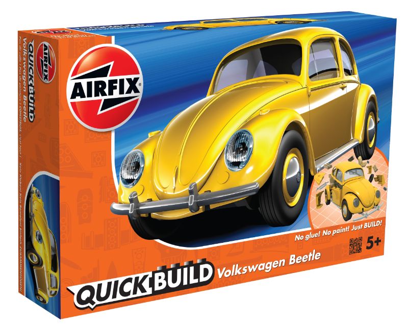 Yellow Airfix QUICKBUILD VW Beetle model kit, ideal for ages 5+, easily snap-together design without glue required.