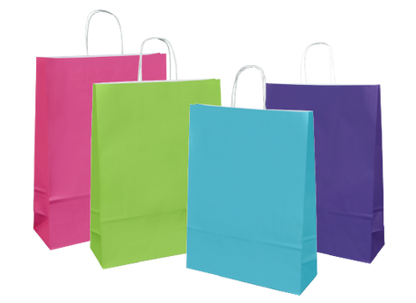 Cerise twist handle gift bags, 50 units, sturdy paper, perfect for retail packaging and party favors, measuring 420x320x110mm.