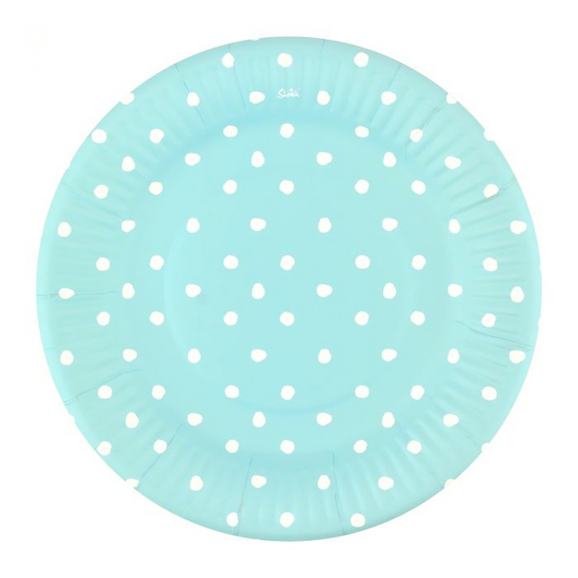 Light blue polka dot paper plates, 9 inches, pack of 8, perfect for parties and easy cleanup at gatherings.