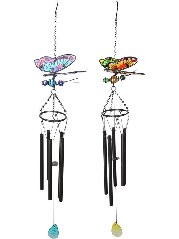 Set of 2 metal and glass butterfly wind chimes, vibrant colors swaying in the breeze, creating soothing melodies.