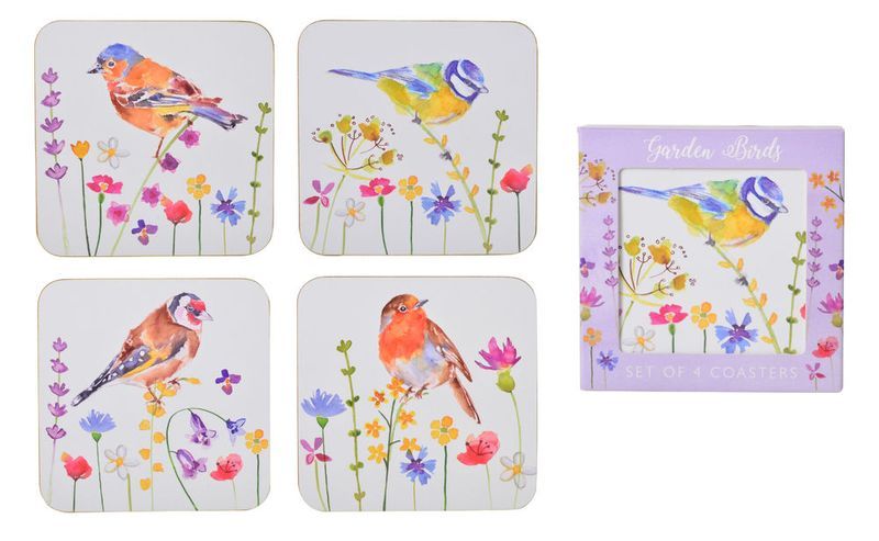 Set of 4 coasters featuring vibrant garden bird illustrations, perfect for protecting surfaces while adding elegance.