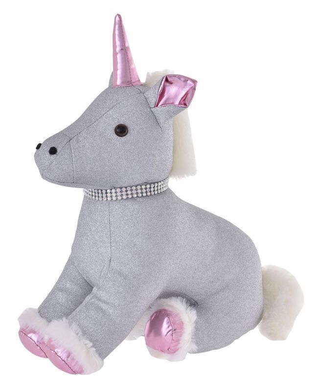 Whimsical unicorn door stop with glittering design, perfect for securing doors and adding charm to any room.