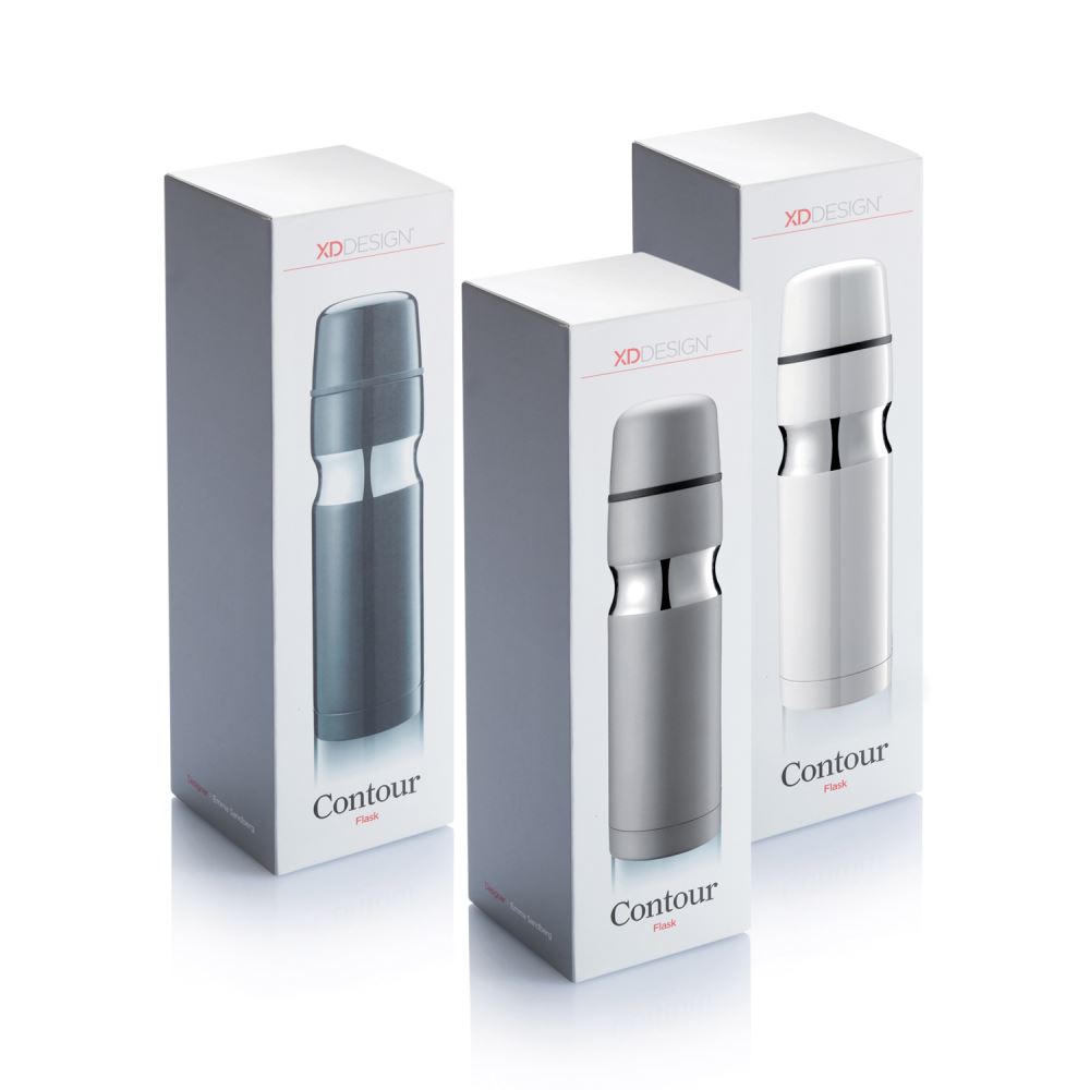 500ml grey vacuum flask with chrome waist ring, cup included, perfect for hot and cold drinks on the go.