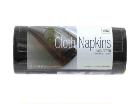 Black cloth cocktail napkins in a roll of 25, made from 100% cotton, perfect for elegant entertaining and easy cleanup.