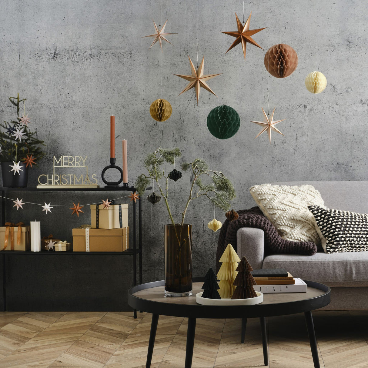 Merry Christmas sign in Cosy Copper Gold Metal, 36cm, ideal for festive decor with a modern Scandi style and eco-friendly packaging.