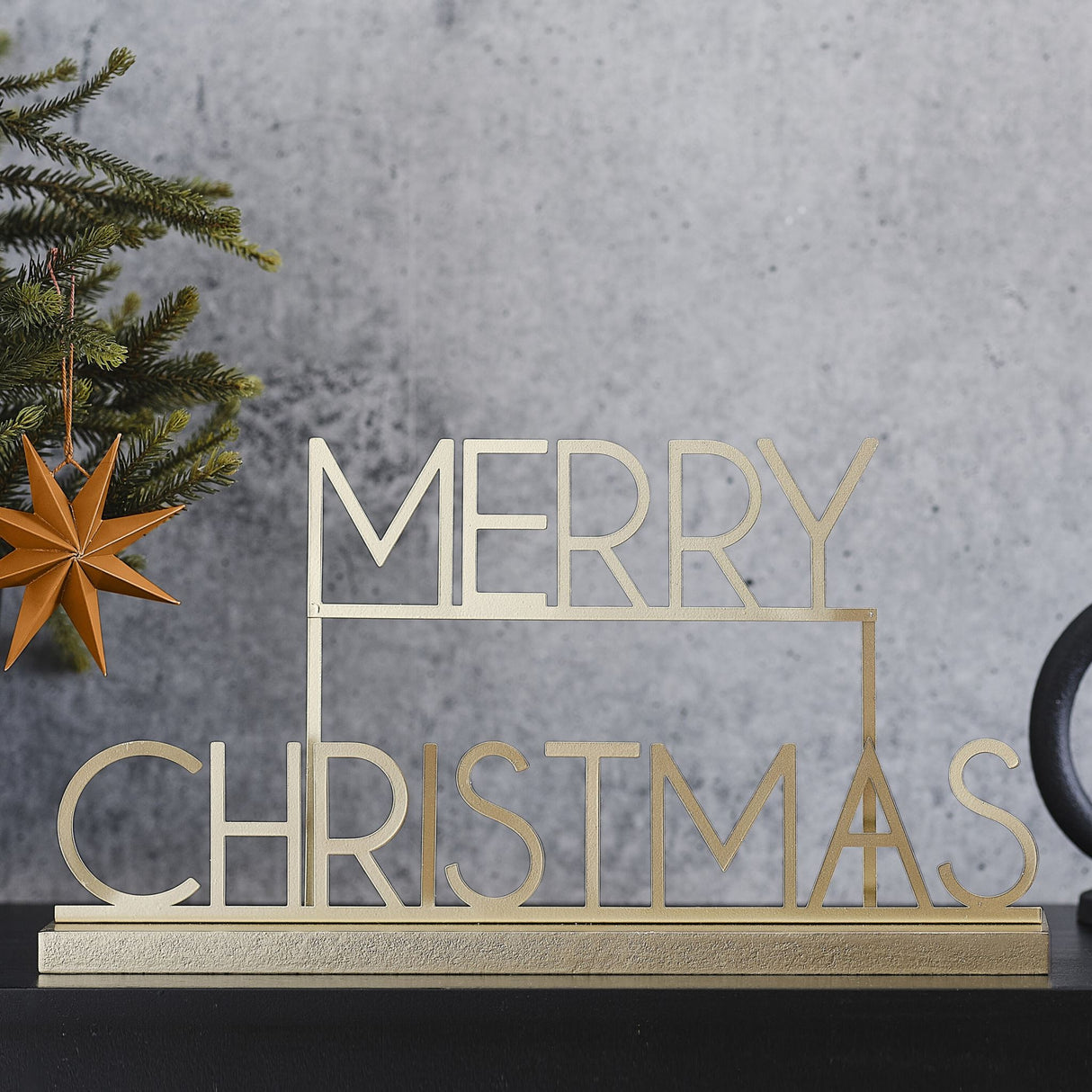 Merry Christmas sign in Cosy Copper Gold Metal, 36cm, ideal for festive decor with a modern Scandi design.