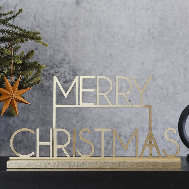 Merry Christmas sign in Cosy Copper Gold Metal, 36cm, ideal for festive decor with a modern Scandi design.