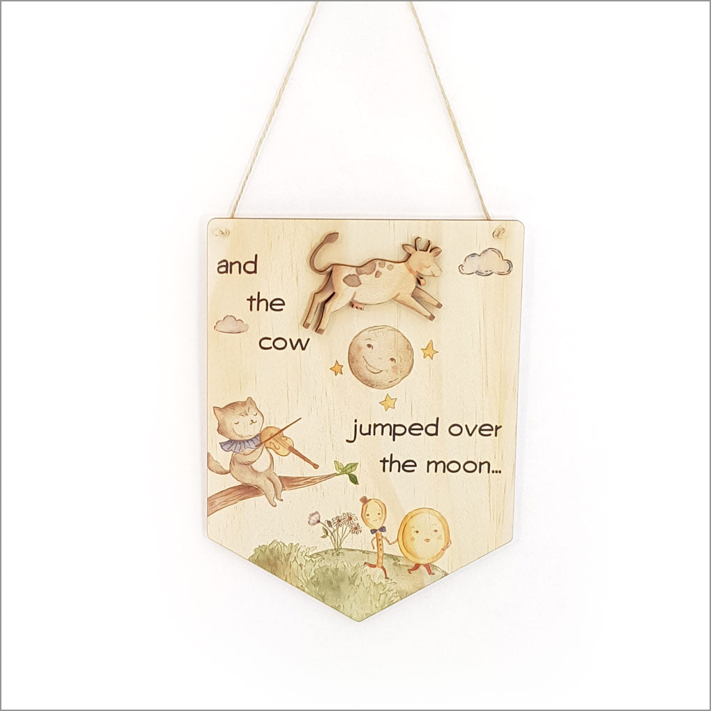 Whimsical wall art made from eco-friendly pine, featuring a vibrant moon design, perfect for any room. Ready to hang.
