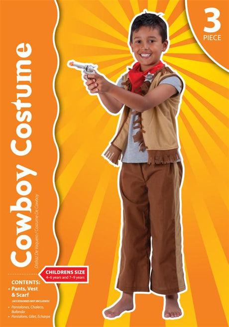 Children's Cowboy Costume featuring brown pants, stylish vest with frills, and a red scarf for imaginative dress-up play.