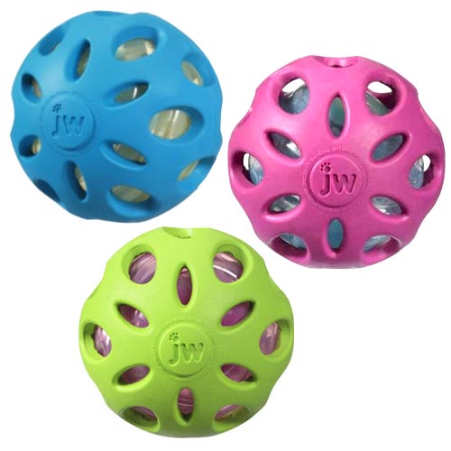 Durable 6cm Crackle Ball for dogs, featuring crunchy sound holes and made from recycled materials; available in vibrant colors.