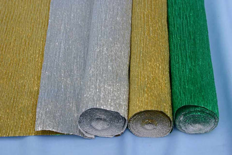 Shimmering gold metallic crepe paper pack with 12 sheets, perfect for DIY decorations and crafting projects.