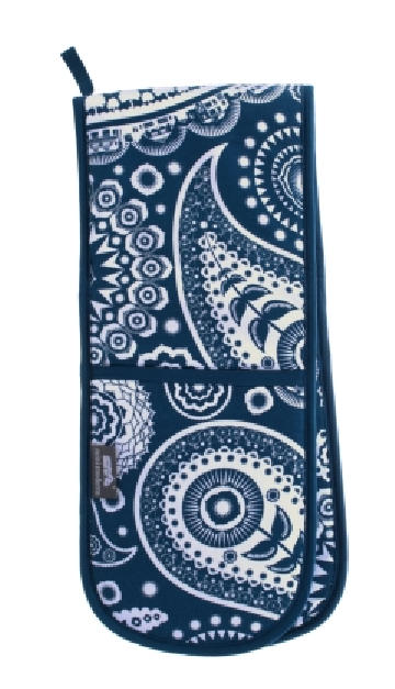 Stylish double glove oven mitts in paisley crescent indigo, combining quality and elegance for kitchen use.