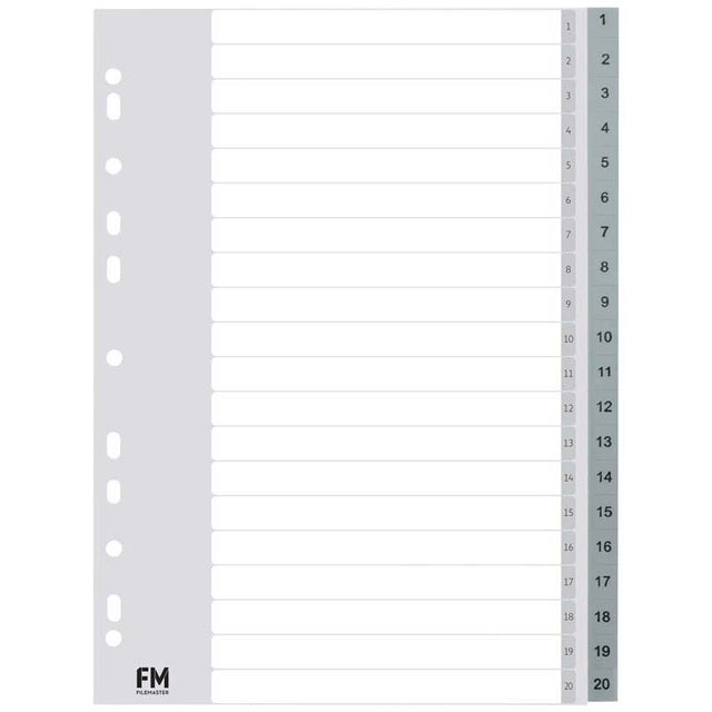Durable grey polypropylene index with 20 pockets for A4 documents, waterproof and wipe clean for efficient organization.