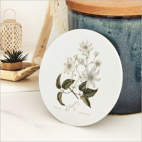 Elegant Sarah Featon clematis coaster with a floral watercolor design, crafted from acrylic with a cork base.