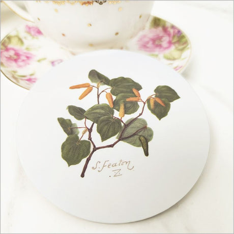 A 10cm acrylic coaster featuring vibrant floral watercolor art by Sarah Featon, with a durable cork base.