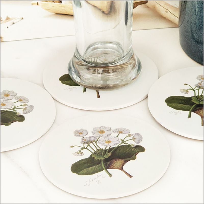 Stylish 10cm coaster featuring Sarah Featon's Mountain Lily floral illustration, made from durable acrylic with a cork base.