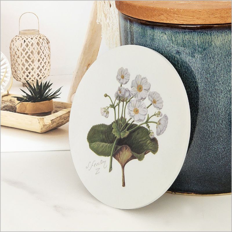 Coaster featuring Sarah Featon's Mountain Lily watercolour design, 10cm acrylic with cork base, elegant home decor accessory.