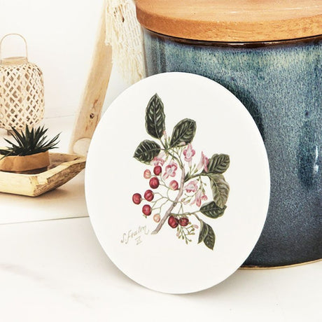 Watercolor coaster featuring Puriri flowers and fruits by Sarah Featon, perfect for home decor and surface protection.