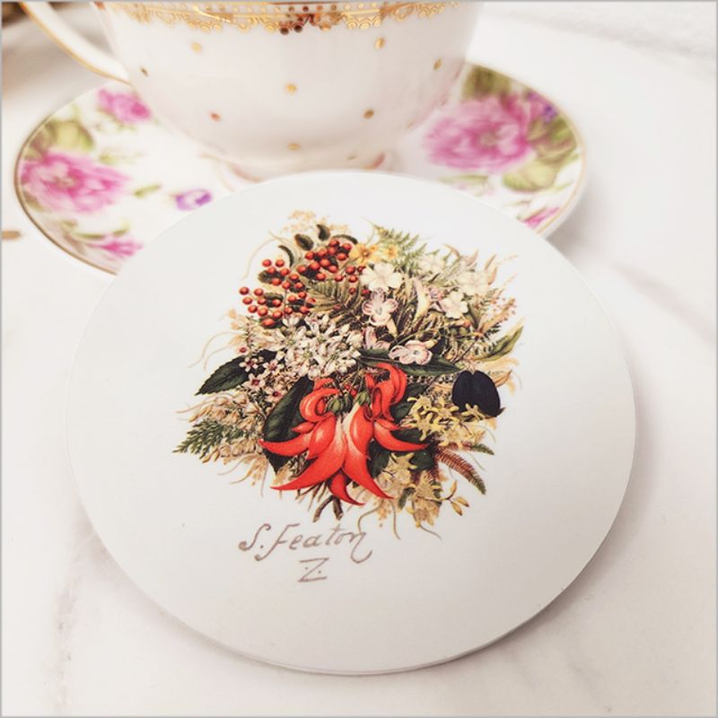 Acrylic coaster featuring Sarah Featon's floral watercolour illustration, 10cm diameter with a cork base for surface protection.