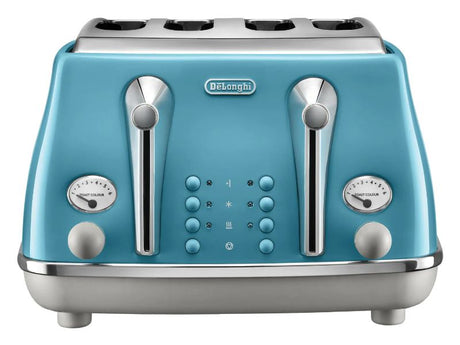 Azure 4 slice toaster with high gloss finish, chromed details, and customizable browning settings for perfect toast.