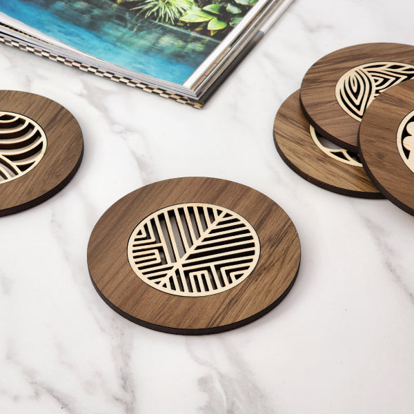 Art Deco-style coaster made from reclaimed River Rimu wood, featuring unique colors and a durable, eco-friendly design.