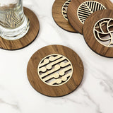 Elegant 10cm Rimu and Pine veneer coaster showcasing New Zealand riverwood’s unique history and natural beauty.