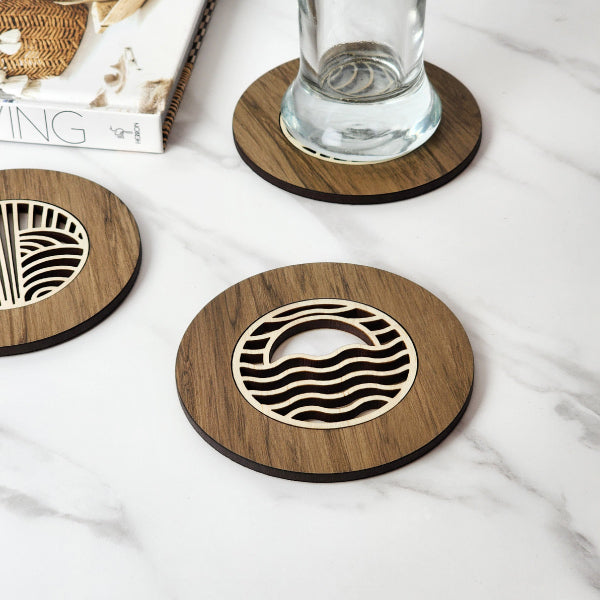 Unique Single Sunset River Rimu Coaster, showcasing reclaimed NZ timber with rich layered design and eco-friendly charm.