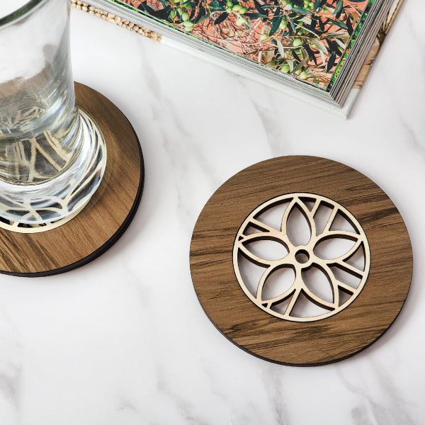 Single Flower River Rimu coaster (10cm) showcasing unique reclaimed timber with elegant colors and patterns from NZ's rivers.