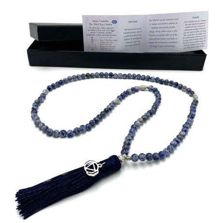 Sodalite mala beads with Third Eye Chakra charm, 70cm, promote intuition and mindfulness for meditation and style.