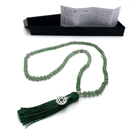 Aventurine mala beads with Heart Chakra charm, 70cm length, ideal for meditation, self-love, and emotional healing.