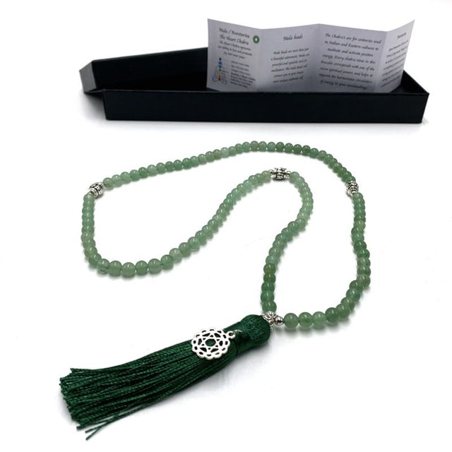 Aventurine mala beads with Heart Chakra charm, 70cm length, ideal for meditation, self-love, and emotional healing.