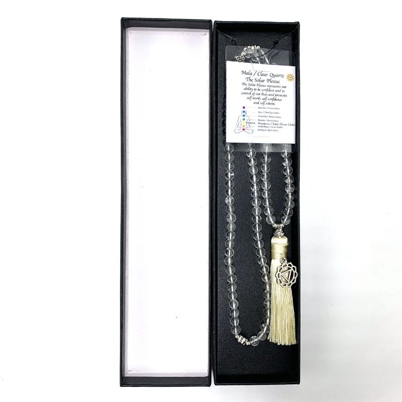 Handcrafted 70cm Clear Quartz Mala Beads with Solar Plexus Chakra charm, promoting confidence and meditation.