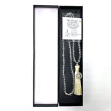 Handcrafted 70cm Clear Quartz Mala Beads with Solar Plexus Chakra charm, promoting confidence and meditation.
