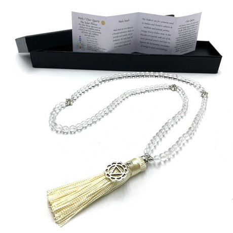 Mala beads with clear quartz and Solar Plexus Chakra charm, 70cm long, ideal for meditation and spiritual practices.
