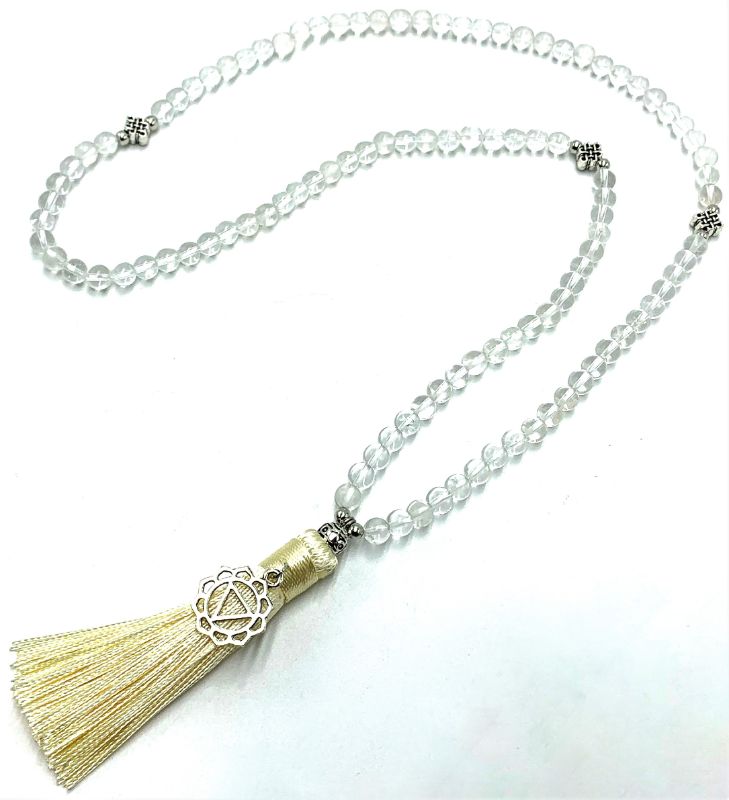 Mala beads made of clear quartz featuring a Solar Plexus Chakra charm, ideal for meditation and spiritual practices, 70cm long.