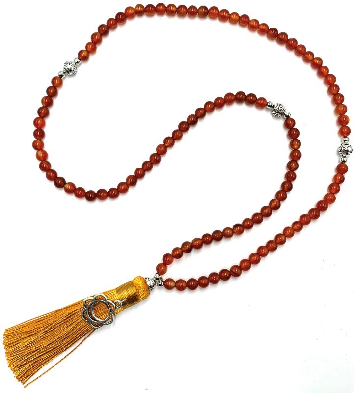 Mala beads necklace in natural Agate with Sacral Chakra charm, 70cm, for meditation and spiritual balance.