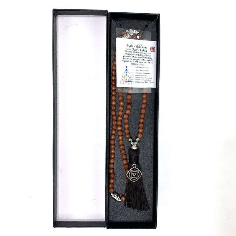 Goldstone mala beads with Root Chakra charm, 70cm long, perfect for meditation, mindfulness, and stylish everyday wear.