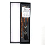 Goldstone mala beads with Root Chakra charm, 70cm long, perfect for meditation, mindfulness, and stylish everyday wear.
